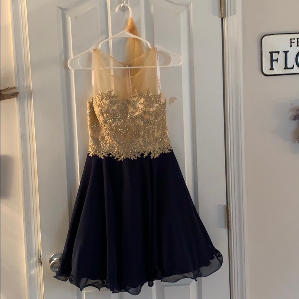 Blue and gold cocktail dress